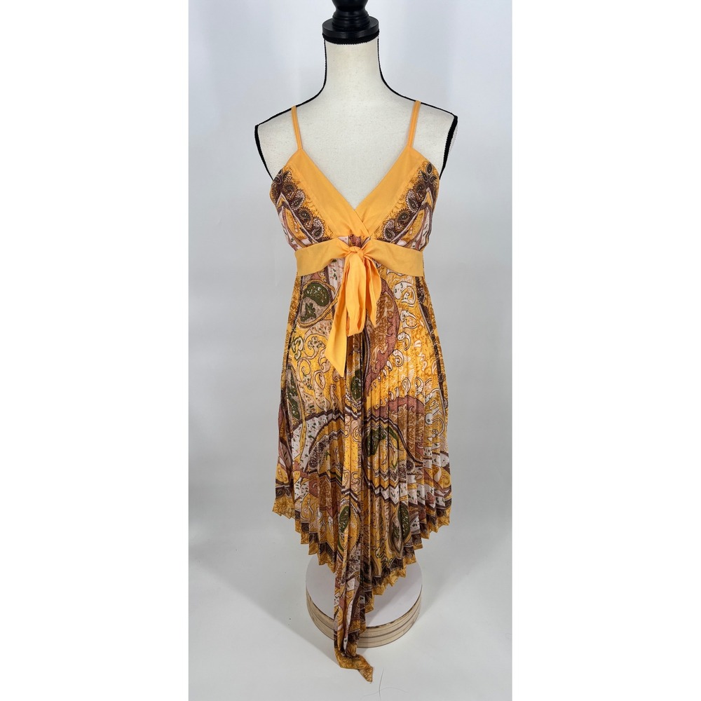 Adele Fado Pleated Handkerchief Dress Womens‎ IT 44 Yellow Paisley Boho Midi